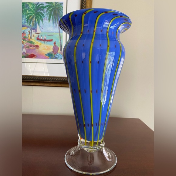 Gorgeous Cased Blue Vase w/ Yellow Pin Stripes Red Hand Blown Pontil Art Glass - Picture 4 of 12
